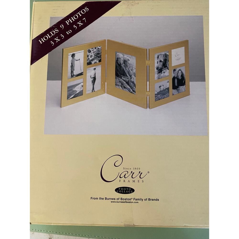 Vintage Carr Brushed Gold Trifold Photo collage New in Box Holds 9 photos